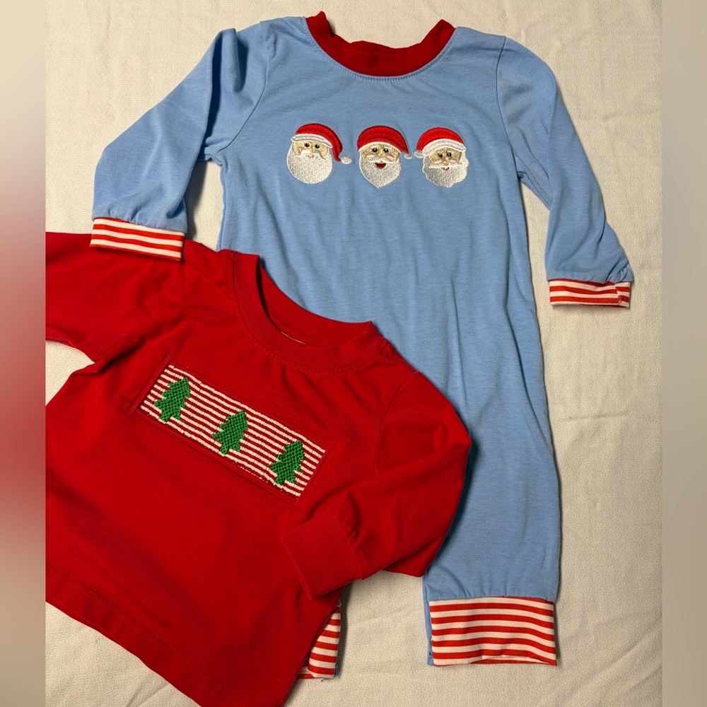 Festive Boys Embroidered Christmas onesie & Smocked Shirt Set Size 9mos.
